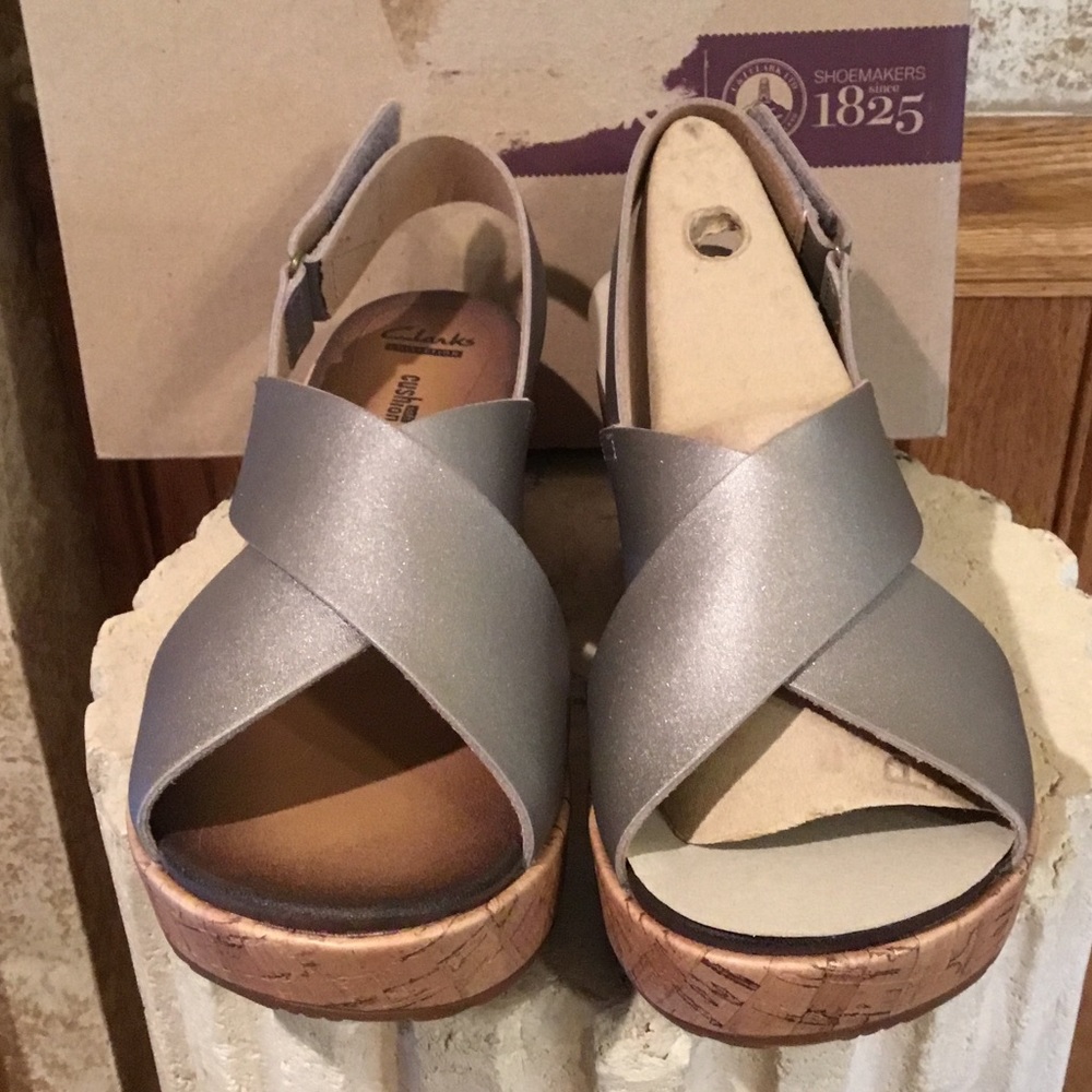 NIB Clarks silver wedge sandals